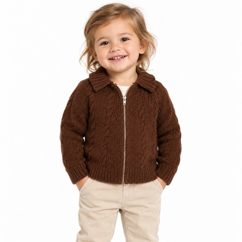 Vintage HandKnit Kids Small Brown CableKnit Zip Cardigan Sweater Lillie Schaefer